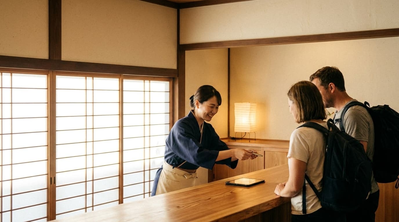 ホテル英語接客フレーズ|旅館フロントで外国人ゲストをチェックインする様子