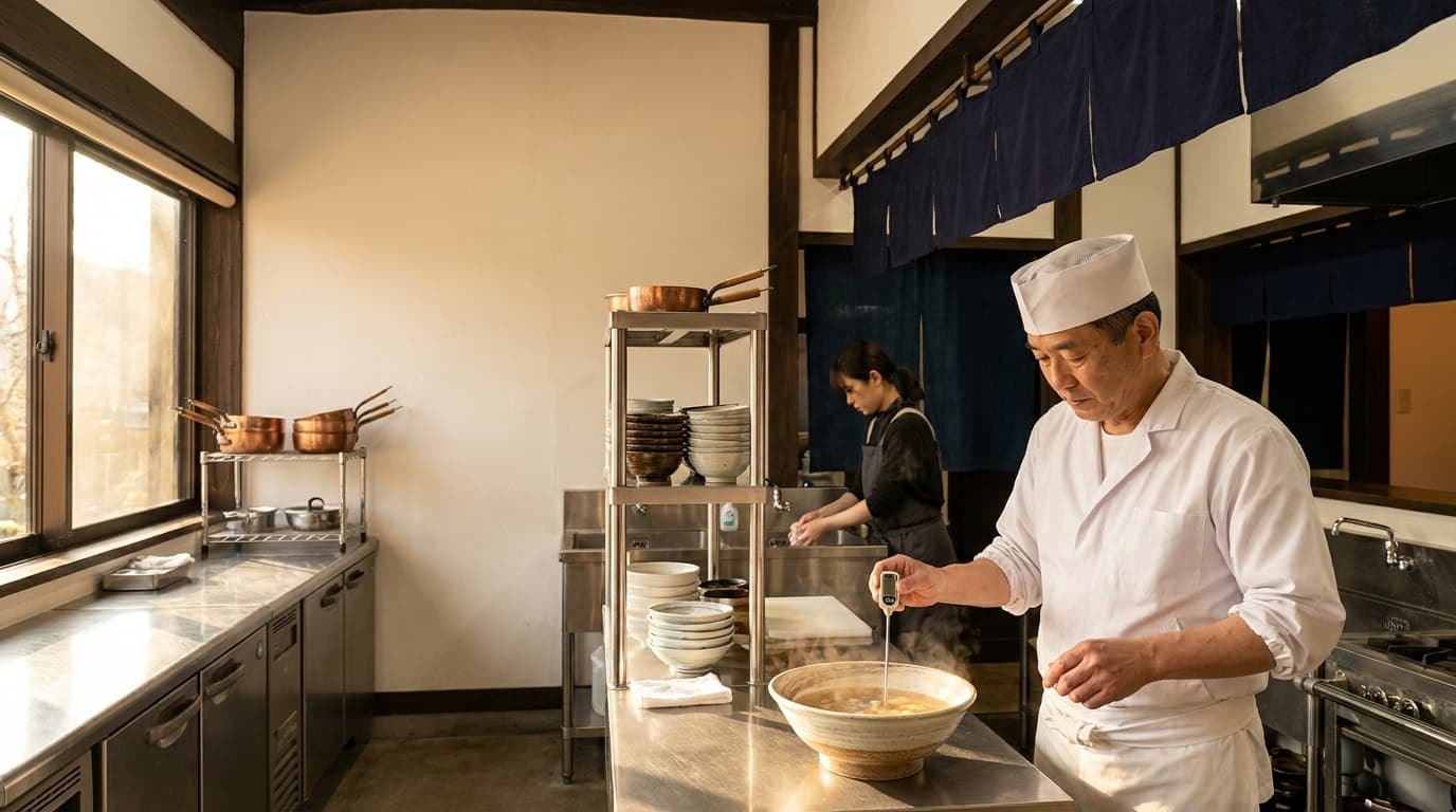 ホテル・旅館の厨房で料理の中心温度を計測するシェフの様子