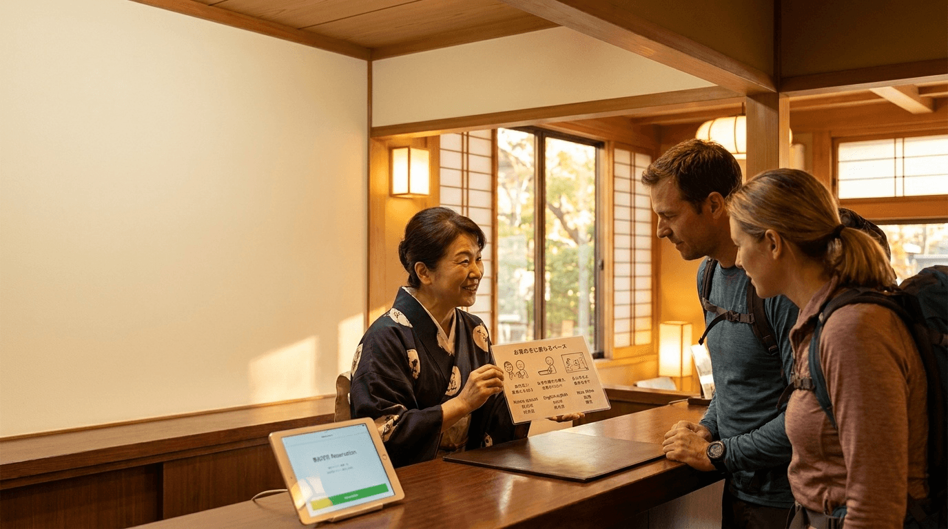旅館フロントで外国人宿泊客に多言語ピクトグラムを使ってマナーを説明するスタッフ