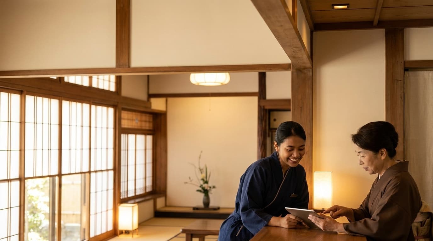 ホテル外国人スタッフ教育|旅館ロビーで先輩スタッフがタブレットを使いながら外国人スタッフに業務を指導する様子