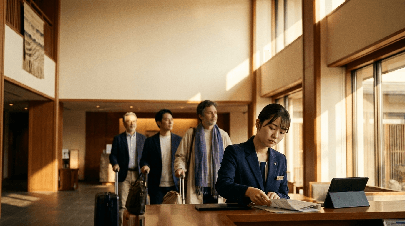 ホテルのフロントカウンターで書類を処理するスタッフと、チェックインを待つ宿泊客の列