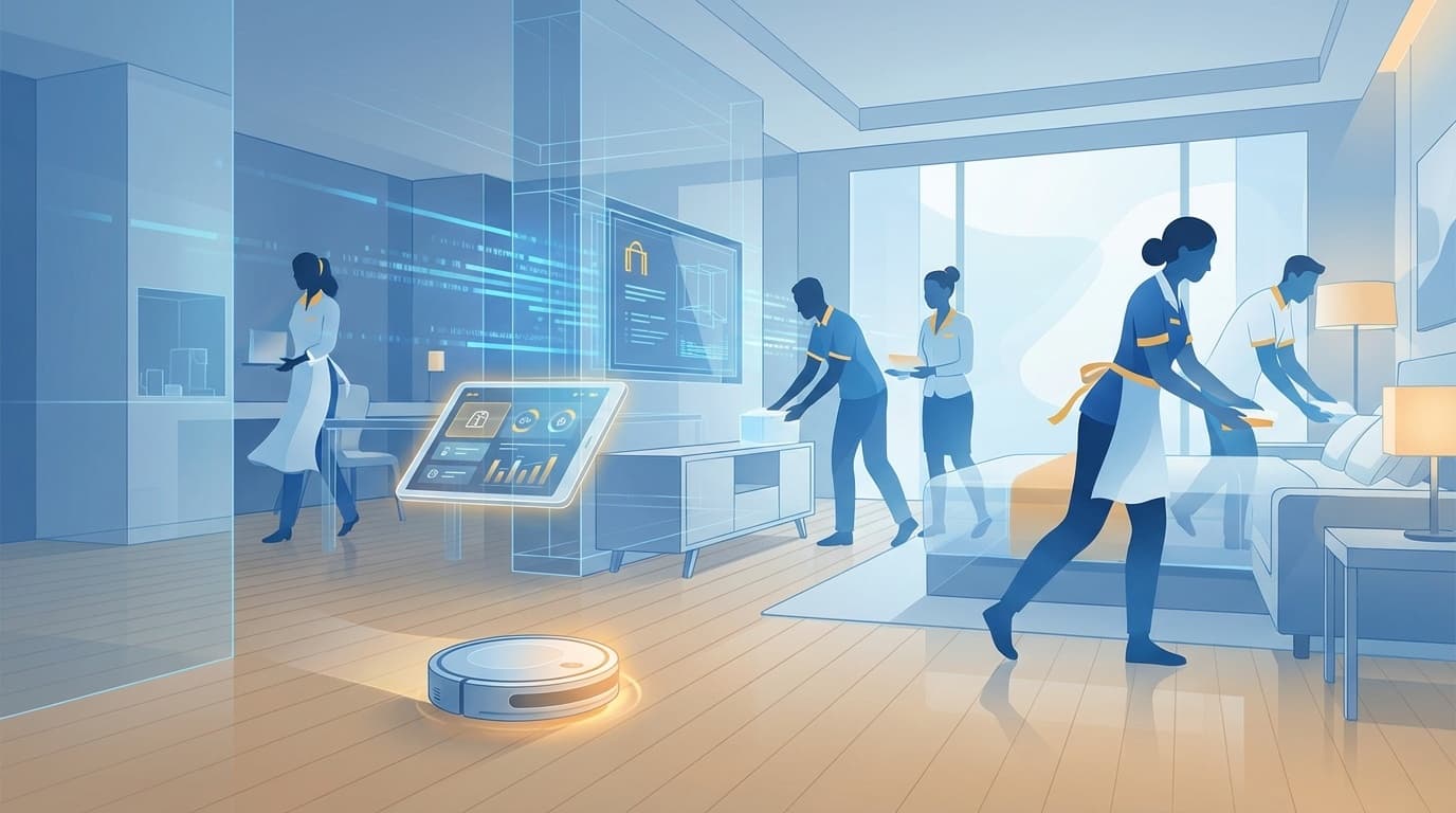 客室清掃の効率化を表すイラスト:清掃ロボットとデジタル管理ツールを活用するホテルスタッフ