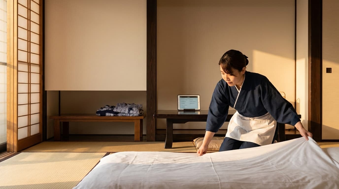 旅館の客室で布団のシーツを整える清掃スタッフ。畳と障子のある和室に柔らかな自然光が差し込む