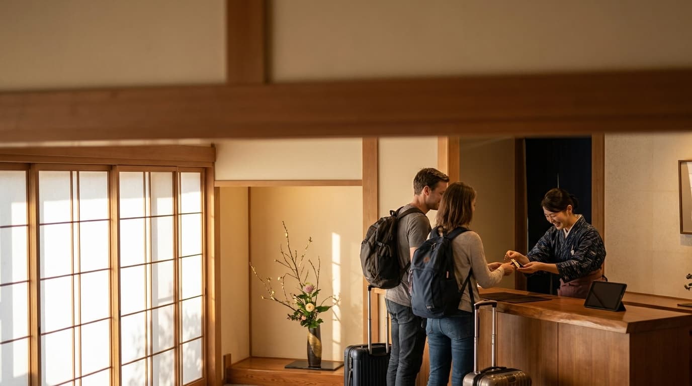 旅館のフロントで訪日外国人ゲストを迎えるスタッフ——インバウンド集客対策のイメージ
