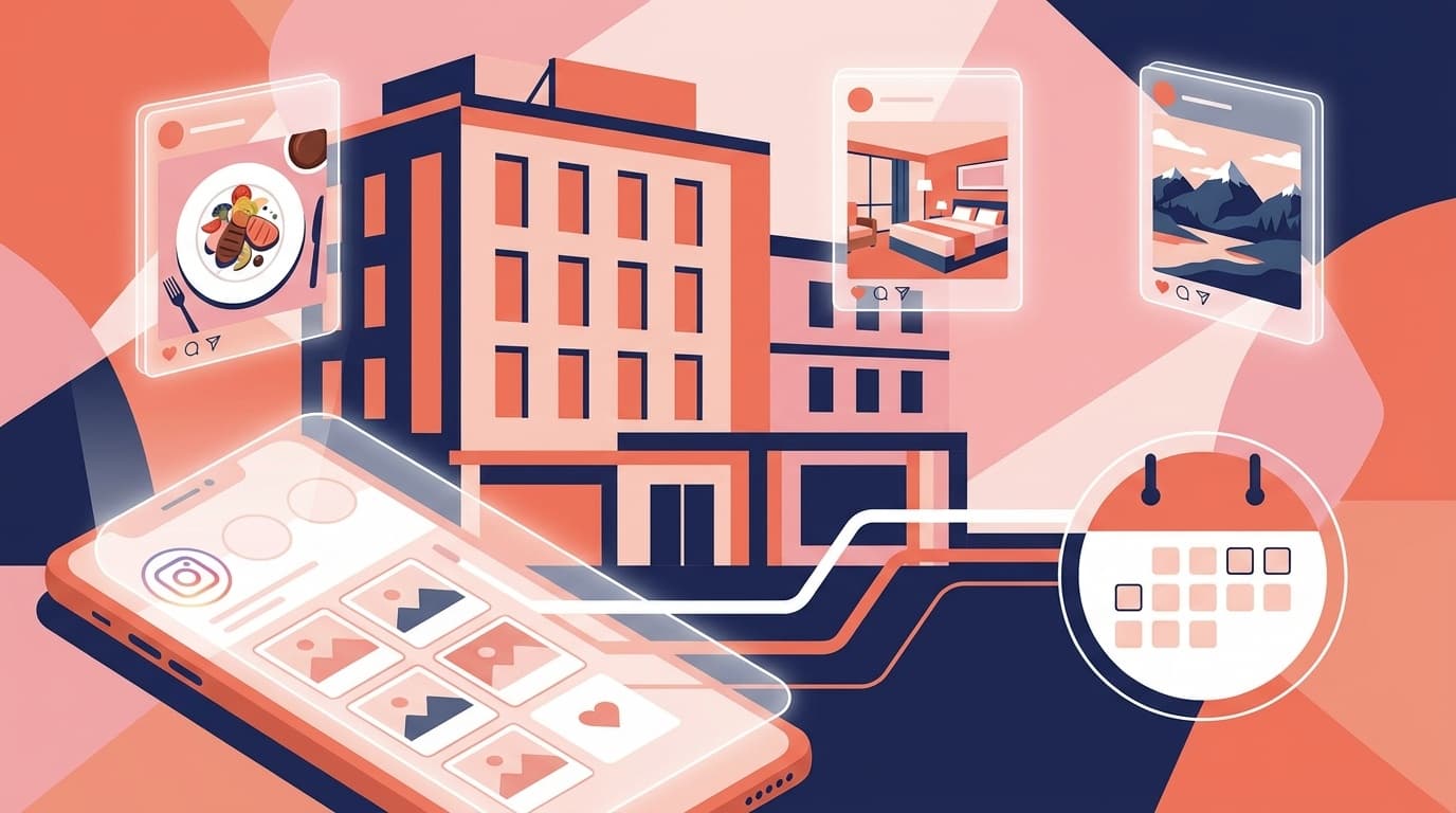 ホテルのInstagram集客とSNSマーケティングのコンセプトイラスト