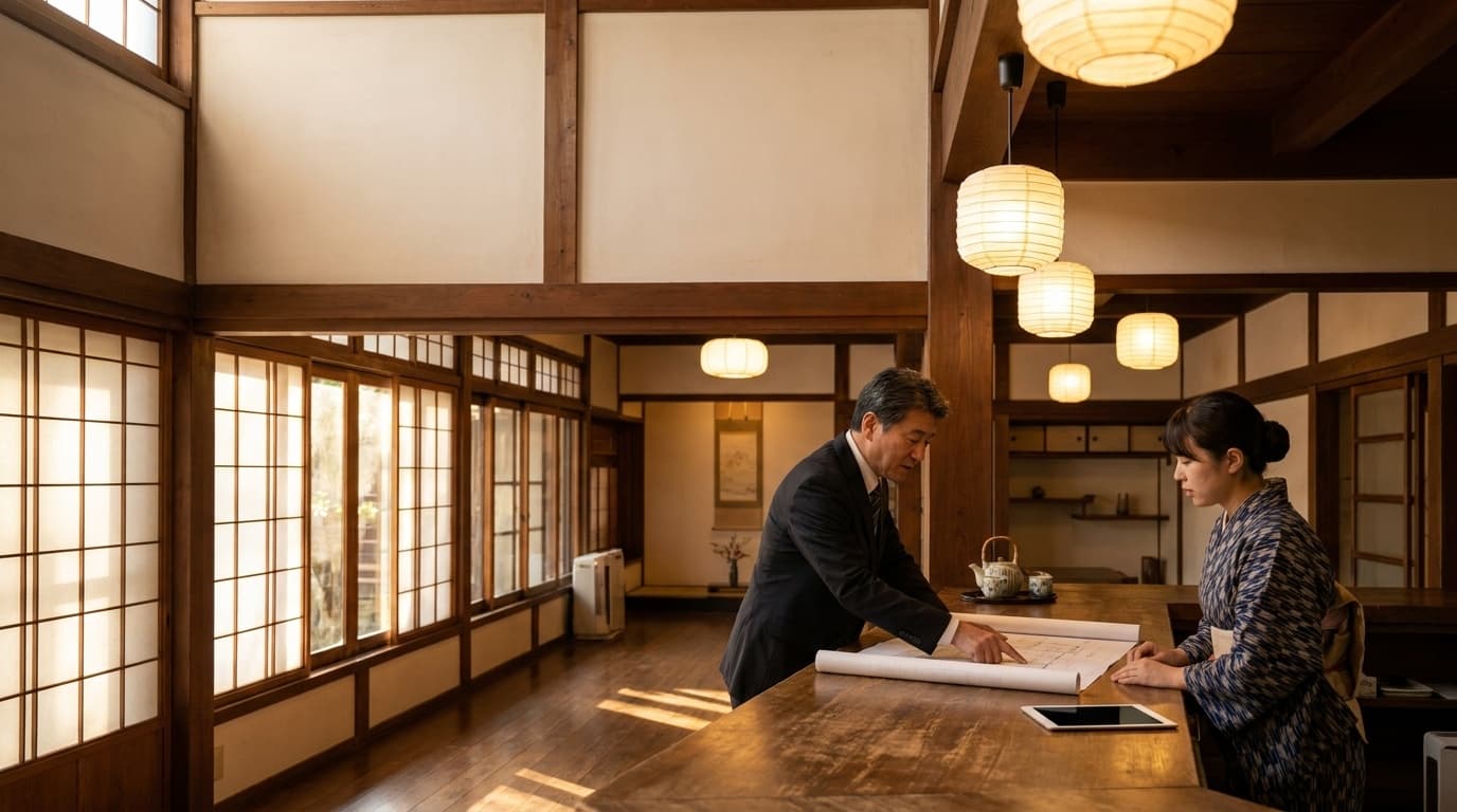 ホテル開業の費用と資金調達を検討する旅館ロビーでの打ち合わせ風景