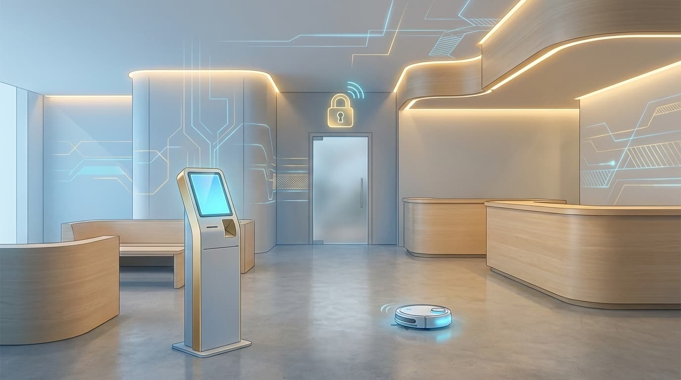 ホテルの省人化DXを象徴するスマートロビーのイラスト:セルフチェックイン端末、清掃ロボット、スマートロックが描かれたモダンなホテル空間