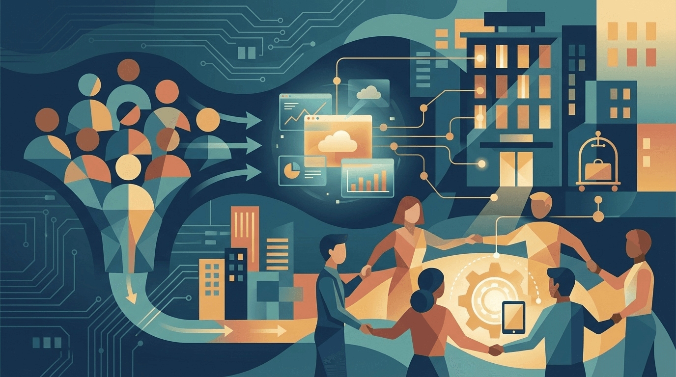 ホテルの人手不足対策を象徴するデジタルアートイラスト——スタッフの採用・定着・DX省人化