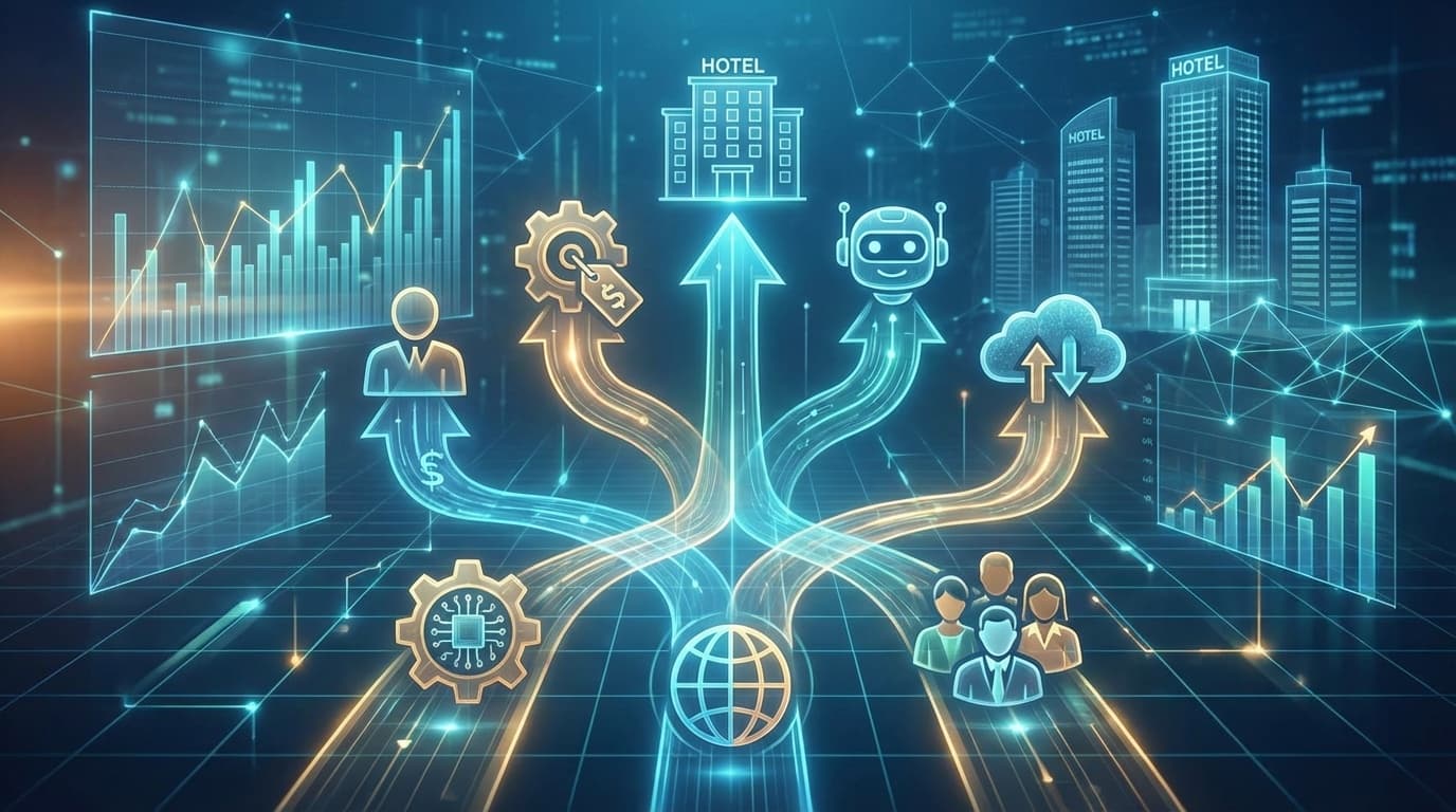 ホテル経営の5大課題と生き残り戦略を示すビジネスダッシュボードのイラスト