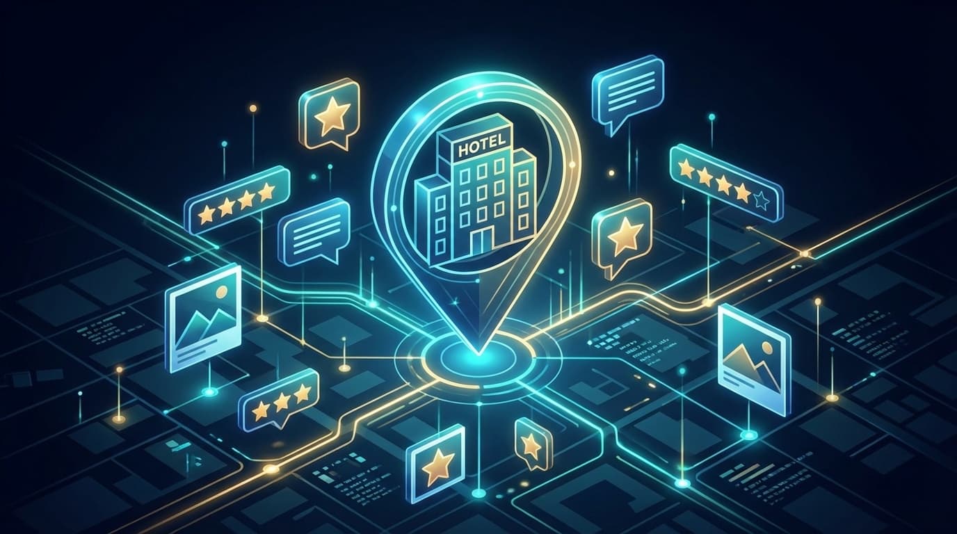 ホテルMEO対策 Googleマップ上のホテル検索と口コミ管理のイメージイラスト