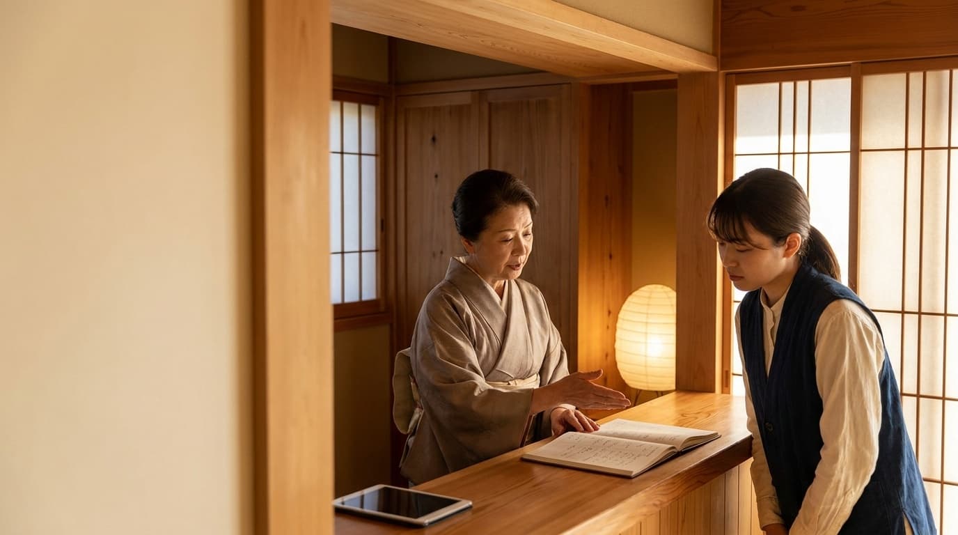 旅館のフロントで先輩スタッフが新人に接客手順を教えている研修風景