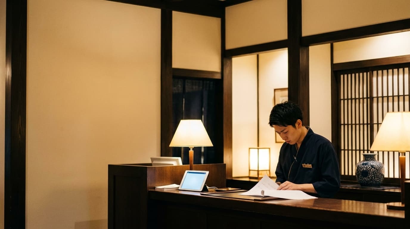 ホテルの夜勤スタッフがフロントカウンターで業務をこなす深夜の風景