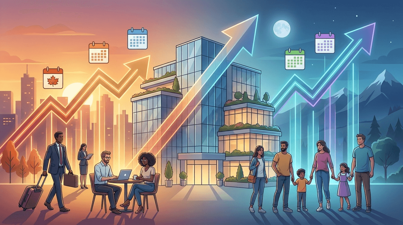 ホテル閑散期の集客対策と稼働率改善を表す概念イラスト