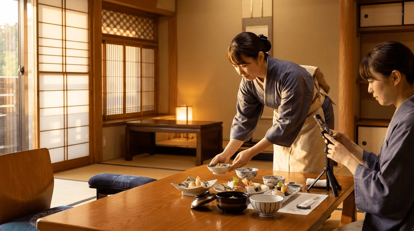 旅館スタッフが畳の部屋で懐石料理をスマホ三脚で撮影している様子