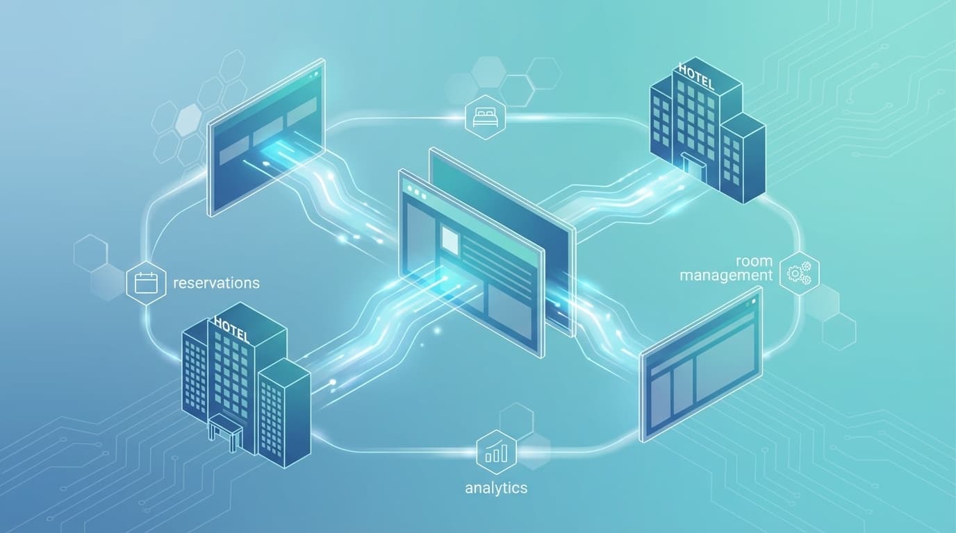 ホテルPMS比較 - デジタルダッシュボードとホテル管理システムの概念イラスト