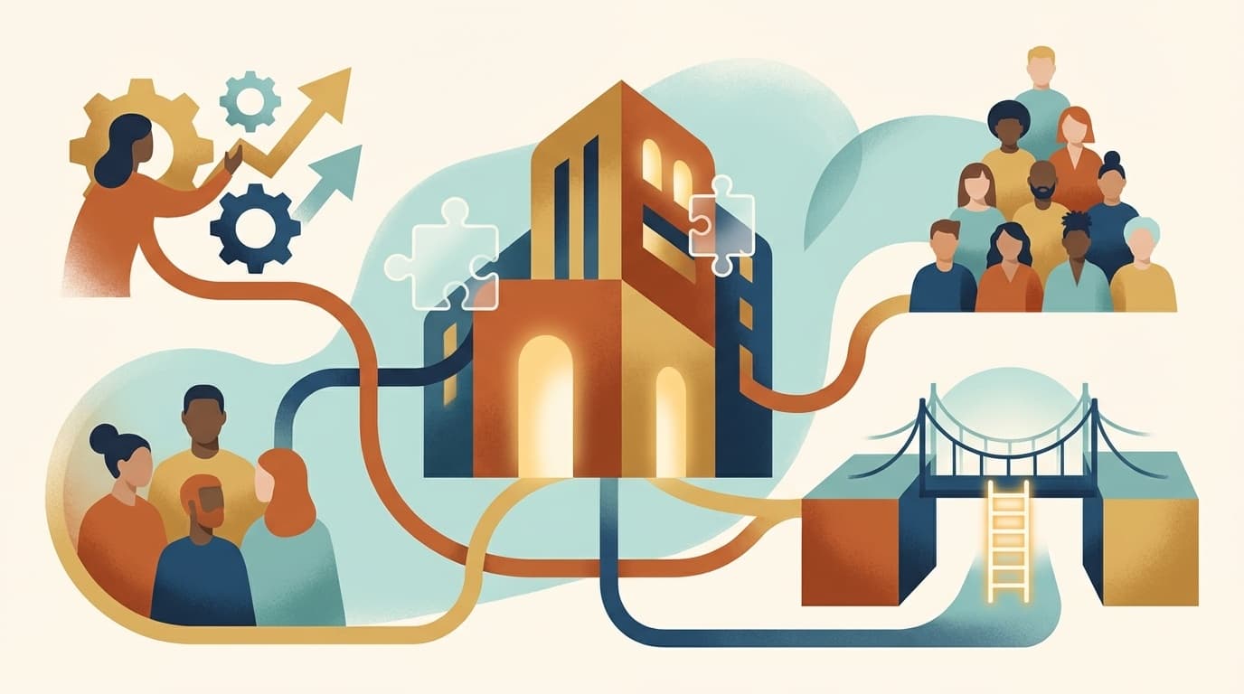 ホテル採用・人材確保を表すモダンなイラスト。人と宿泊施設がつながり、チームビルディングとキャリア成長を象徴するデジタルアート