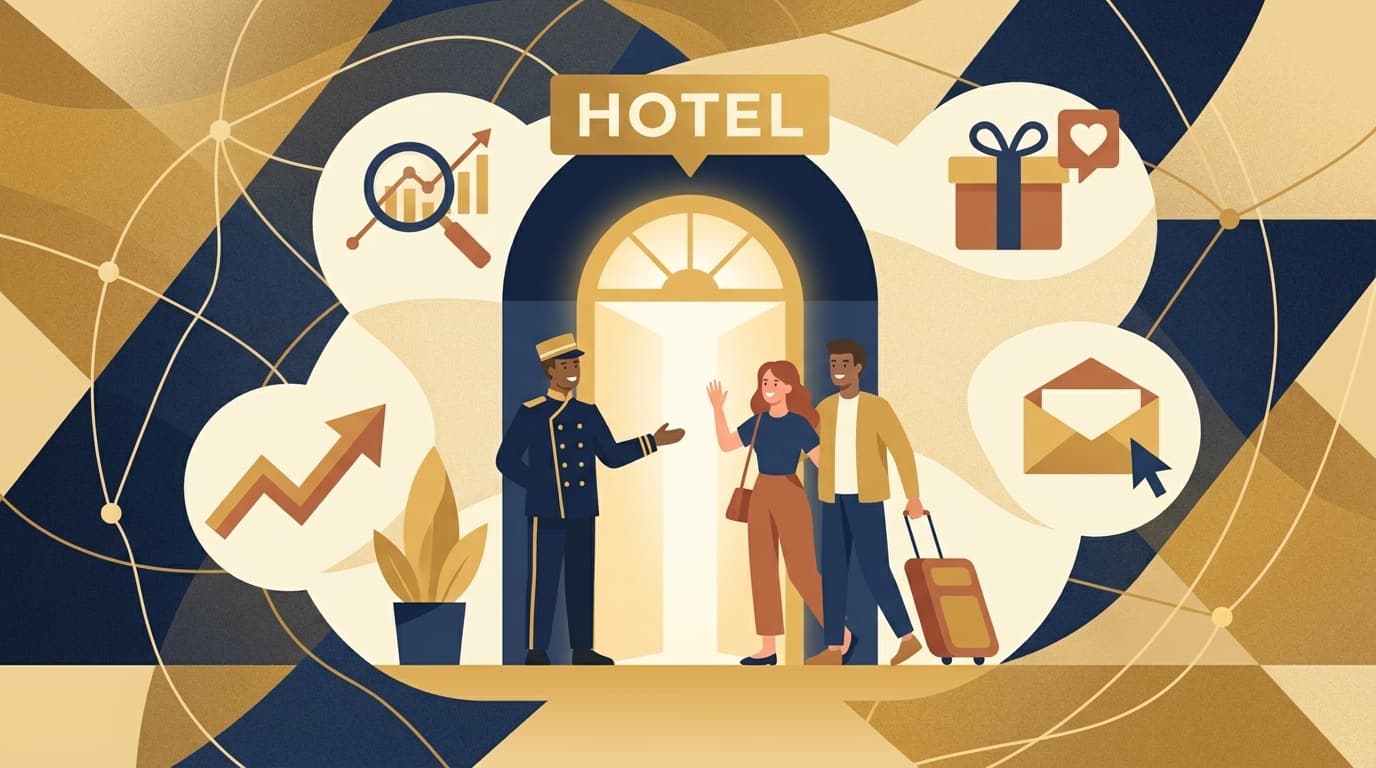 ホテルのリピーター戦略を表す、顧客データ分析とロイヤリティプログラムの概念イラスト