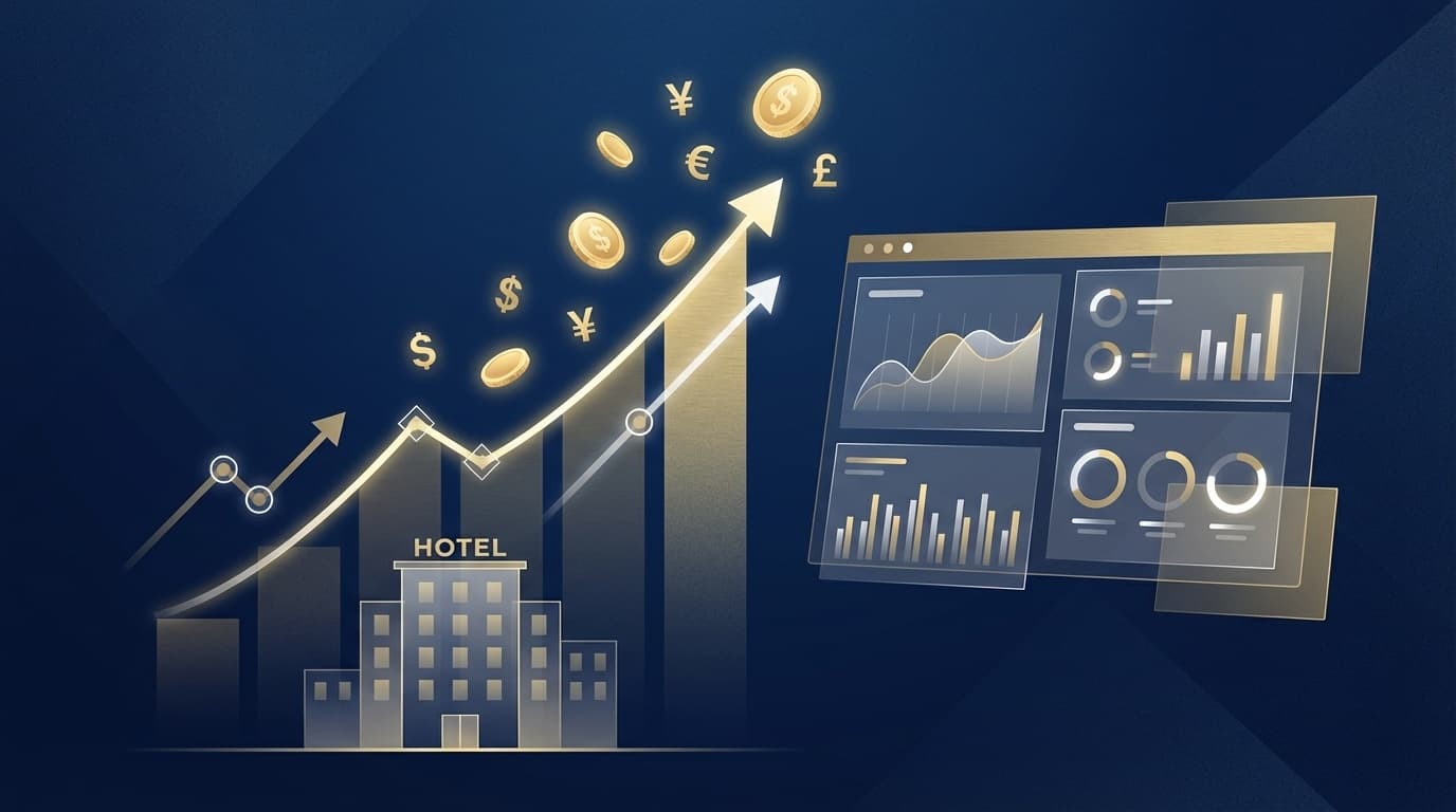 ホテル売上アップの方法を示す収益グラフとKPIダッシュボードのイメージイラスト