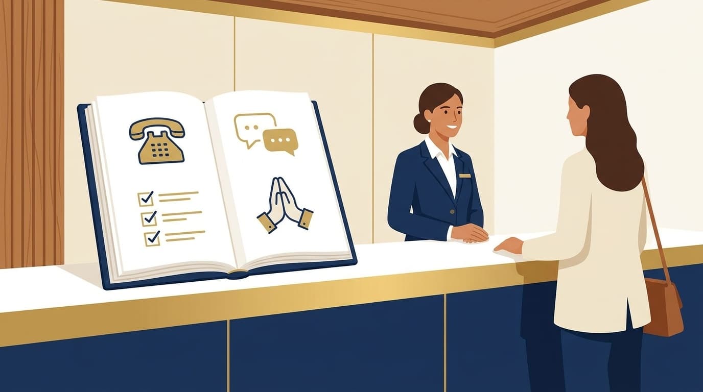ホテル接客マニュアルの作り方を表すフロントデスクとサービスアイコンのイラスト