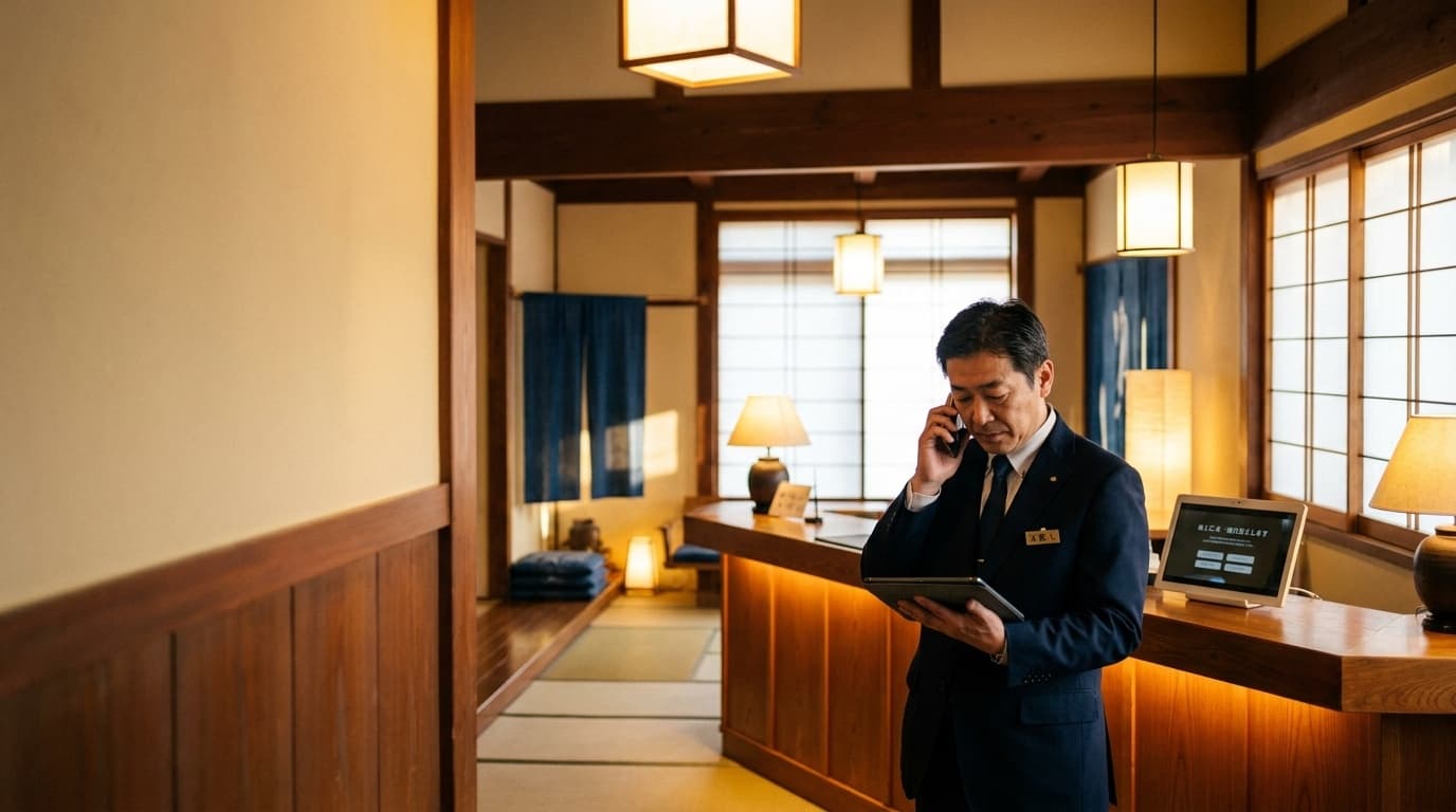 ホテルのロビーでタブレットと電話を同時に操作する支配人の姿。暖色系の照明が柔らかく照らす和のフロント空間