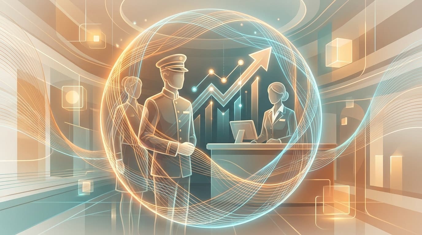 ホテルスタッフの定着率改善と離職率低下を表す概念イラスト