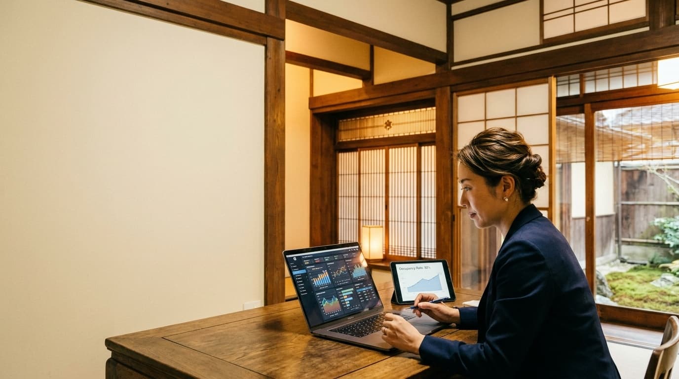 旅館のオフィスでKPIダッシュボードを確認するレベニューマネージャー