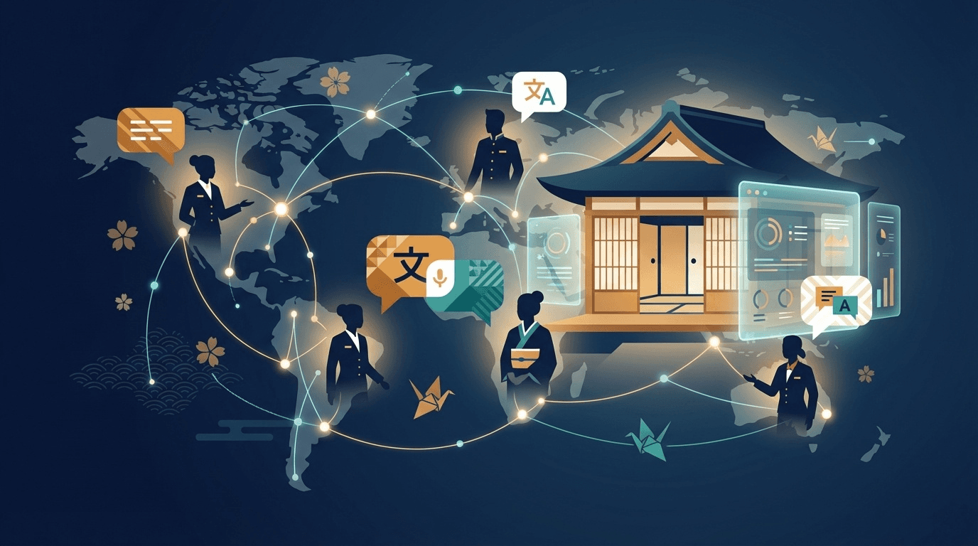 育成就労制度による外国人材受入れと宿泊業DXの融合を表現したデジタルアートイラスト