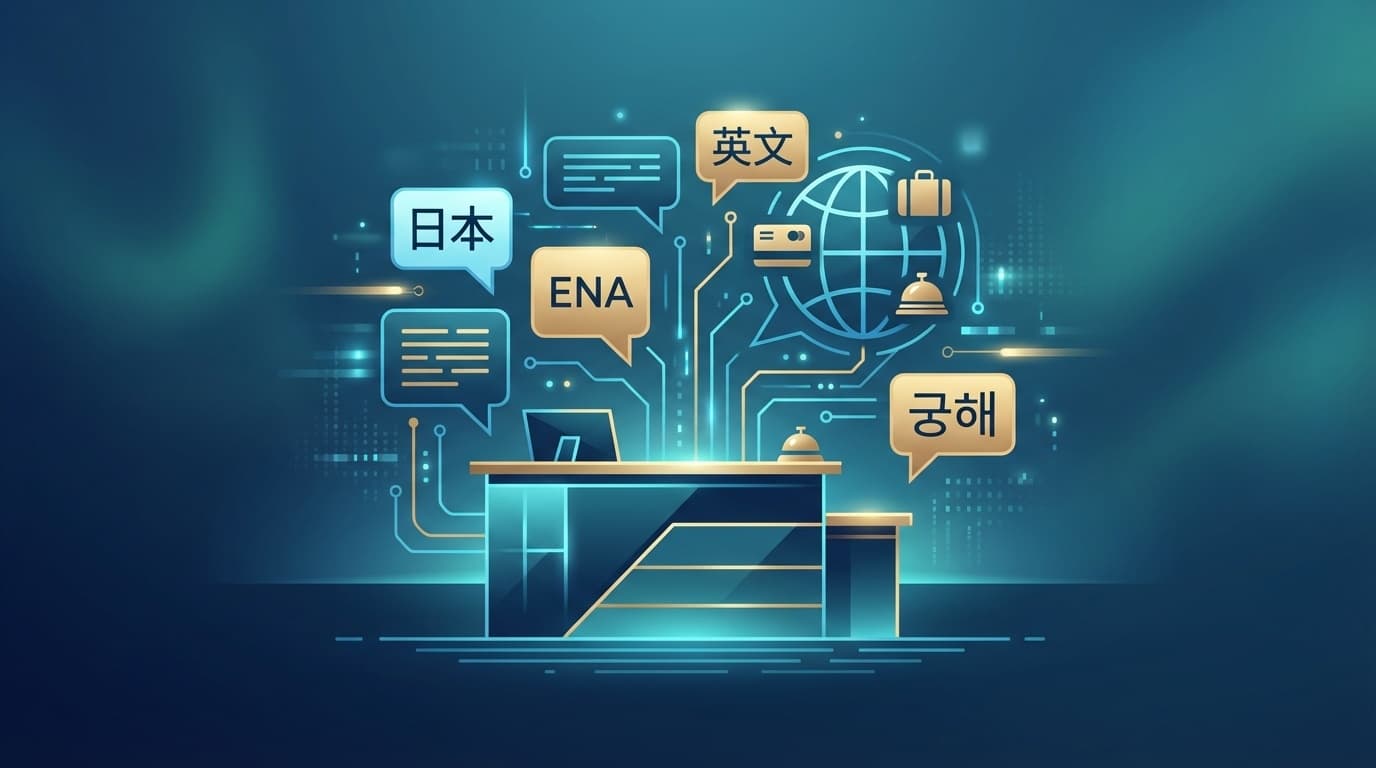 ホテルの多言語対応を象徴するデジタルアートイラスト:多言語の吹き出しとグローバルなホスピタリティアイコン