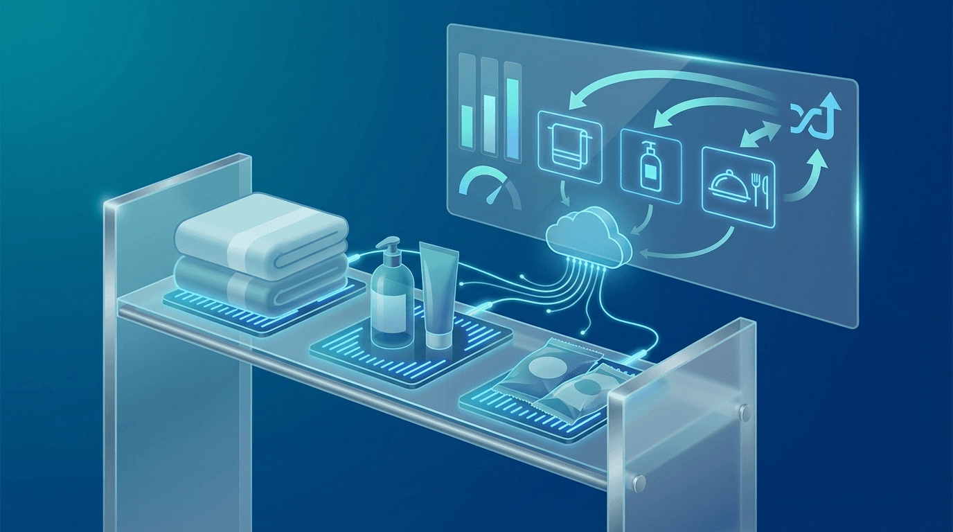 IoTスマートマットによるホテル在庫管理の自動化を表すイラスト。センサーマットが棚の在庫を検知しクラウドダッシュボードと連携する概念図