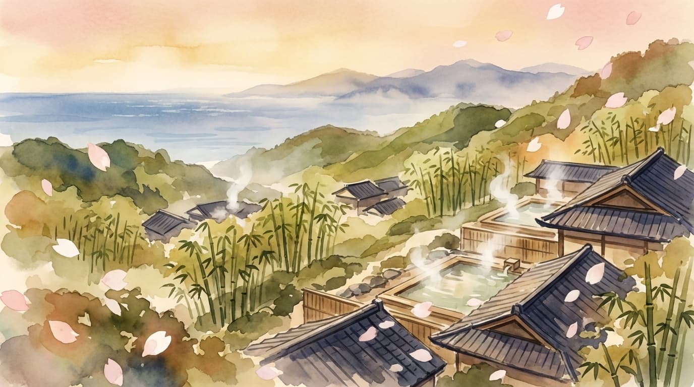 伊豆半島の温泉旅館と竹林、海を望む風景のイラスト