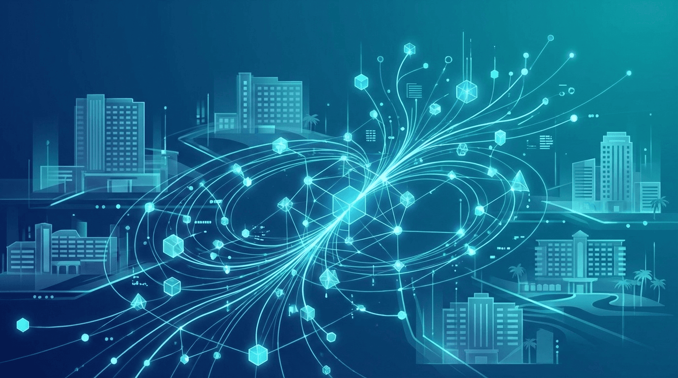 ホテル業界のデータ標準化とAPIネットワーク連携を表す抽象的なデジタルアートイラスト