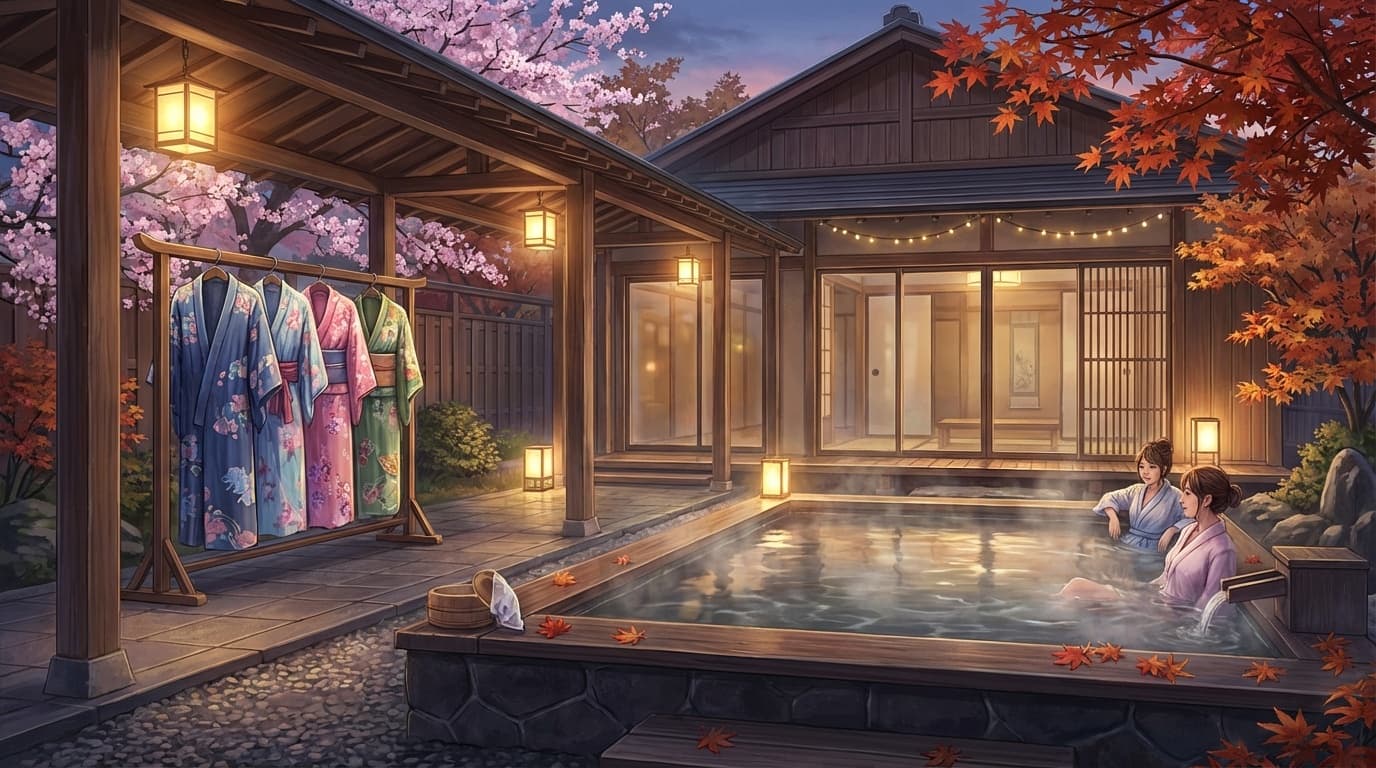 女子旅におすすめの温泉旅館 色浴衣と露天風呂のイメージ