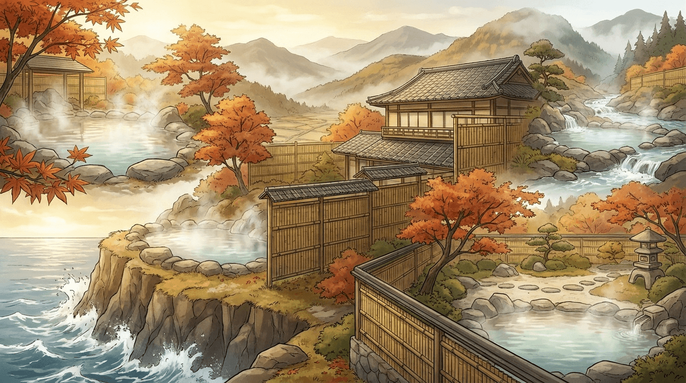 関西の温泉旅館をエリア別に紹介するイメージイラスト