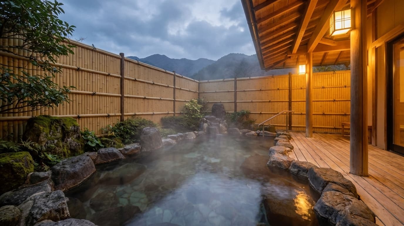 貸切風呂のある温泉宿 - 岩造りの露天風呂と竹垣に囲まれたプライベート温泉