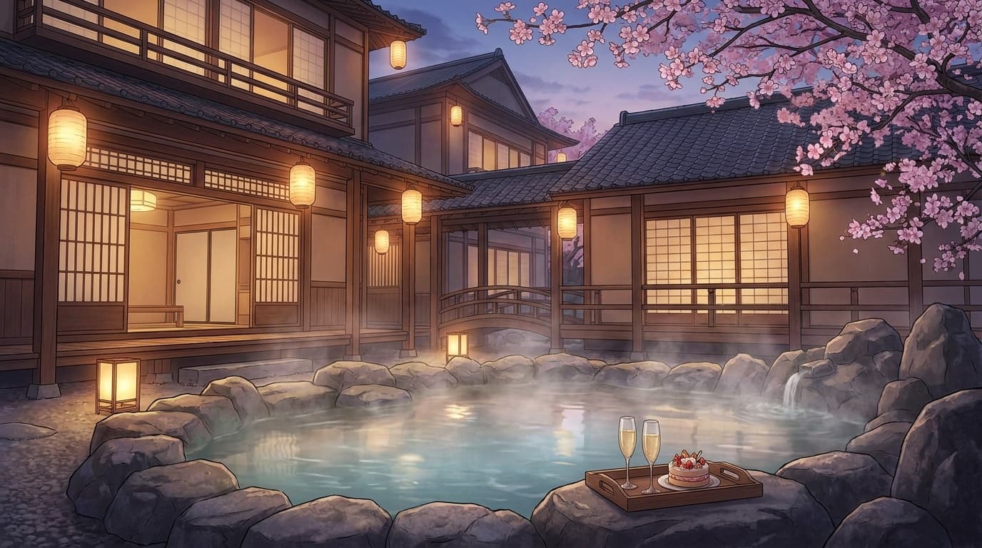 記念日におすすめの温泉旅館 露天風呂と桜の幻想的な風景