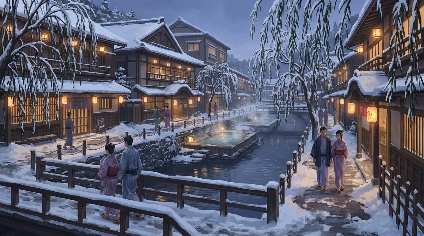 城崎温泉の柳並木と外湯めぐりの風景イラスト