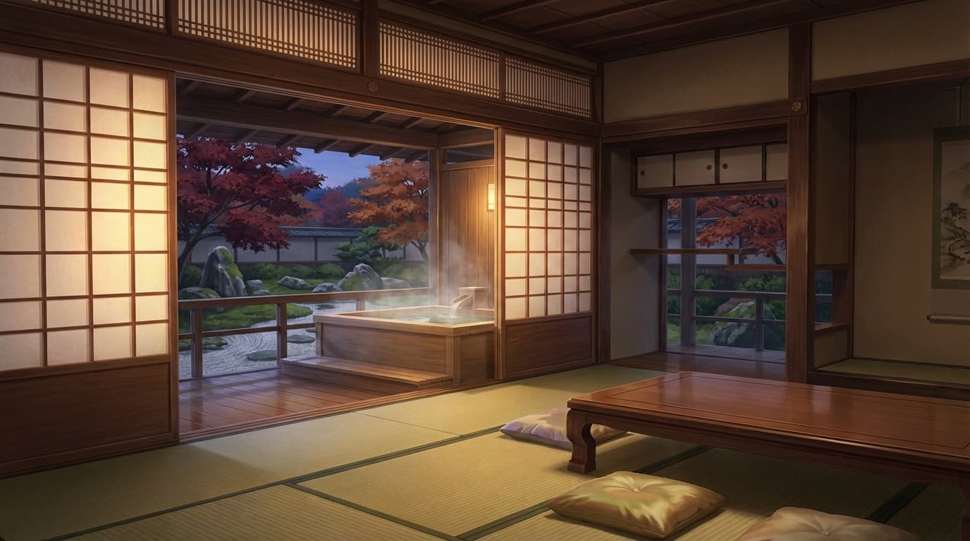 高級旅館の露天風呂と日本庭園のイメージイラスト