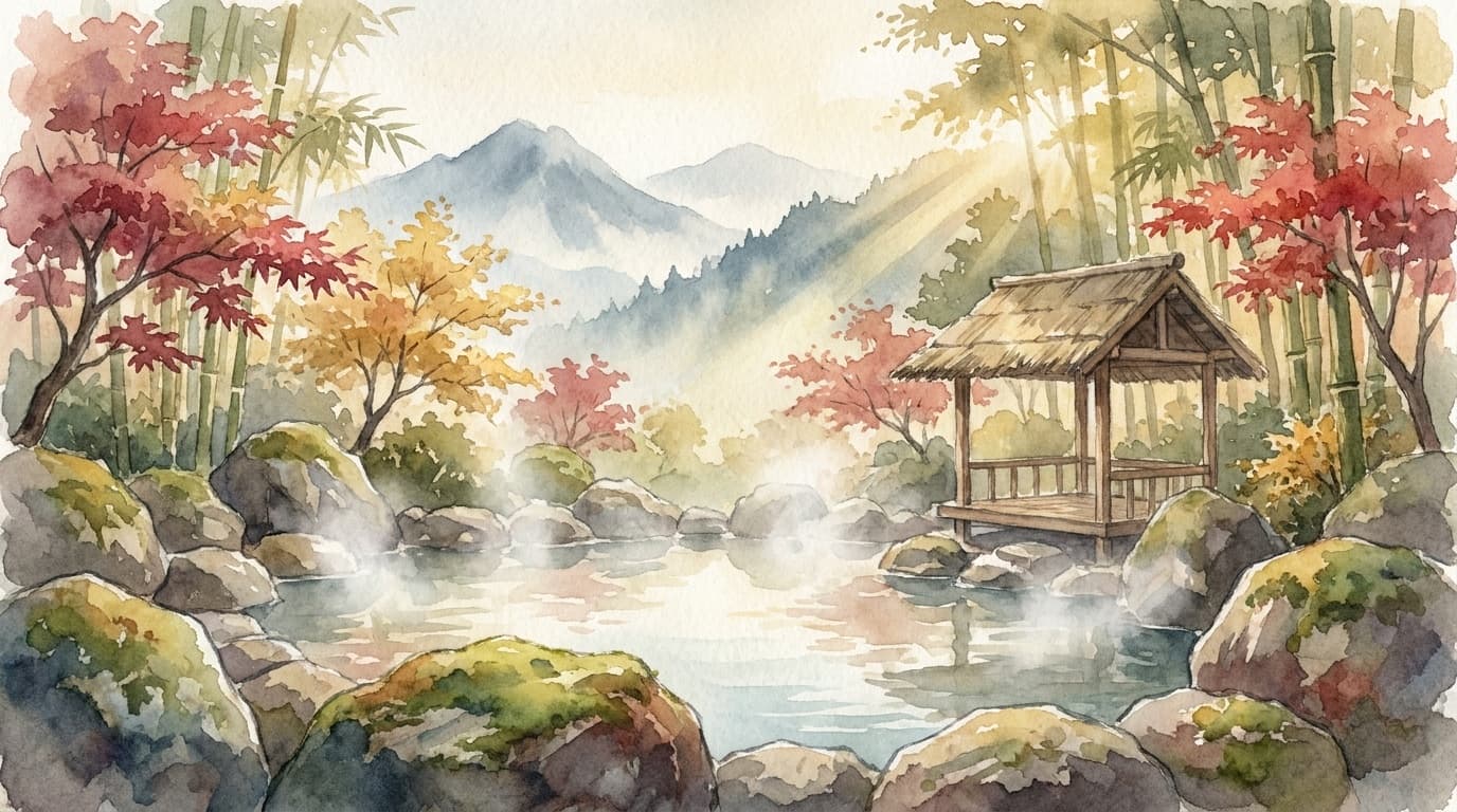 混浴温泉の露天風呂と自然豊かな山間の風景イラスト