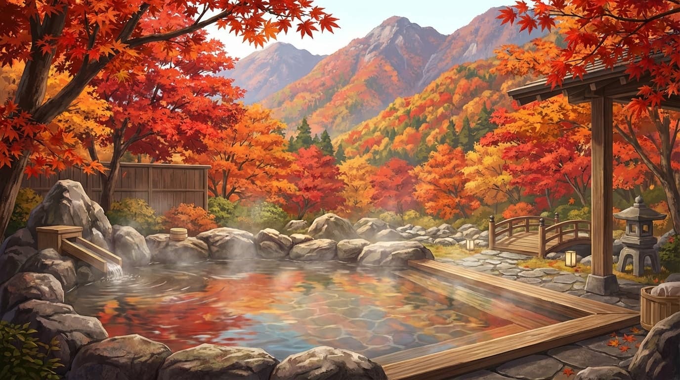 紅葉に囲まれた露天風呂と秋の山々の風景イラスト