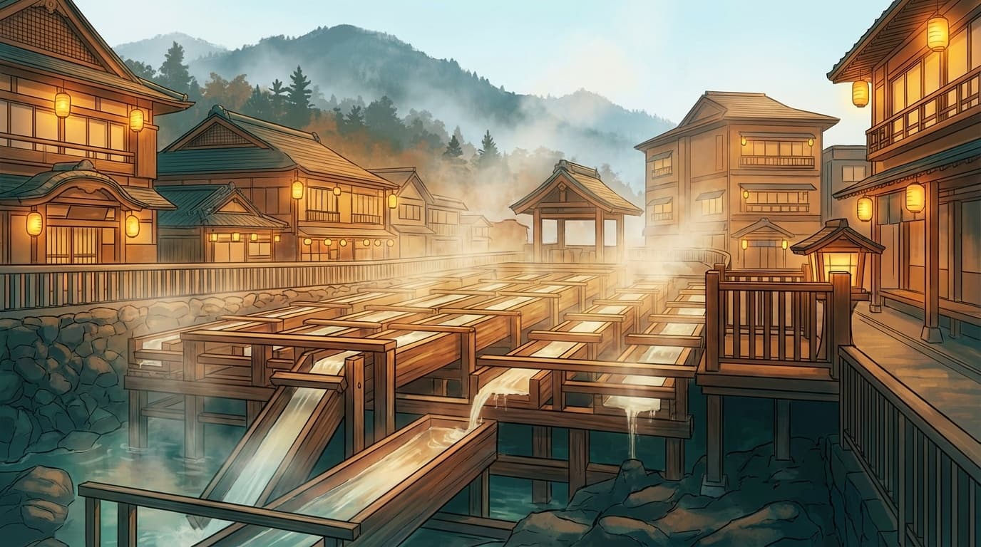 草津温泉の湯畑から立ちのぼる湯けむりと伝統的な旅館の風景イラスト