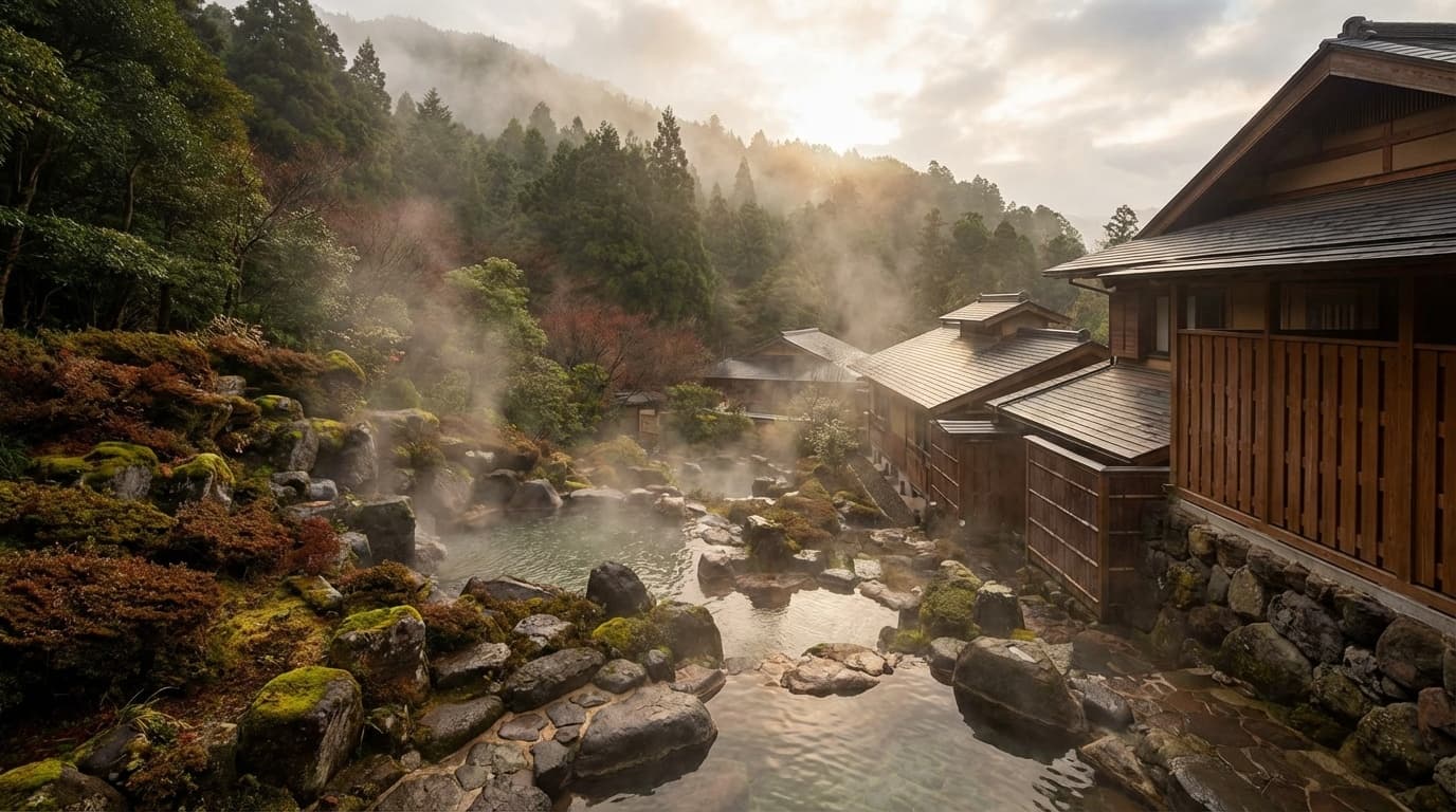 九州の温泉地と伝統的な旅館の風景