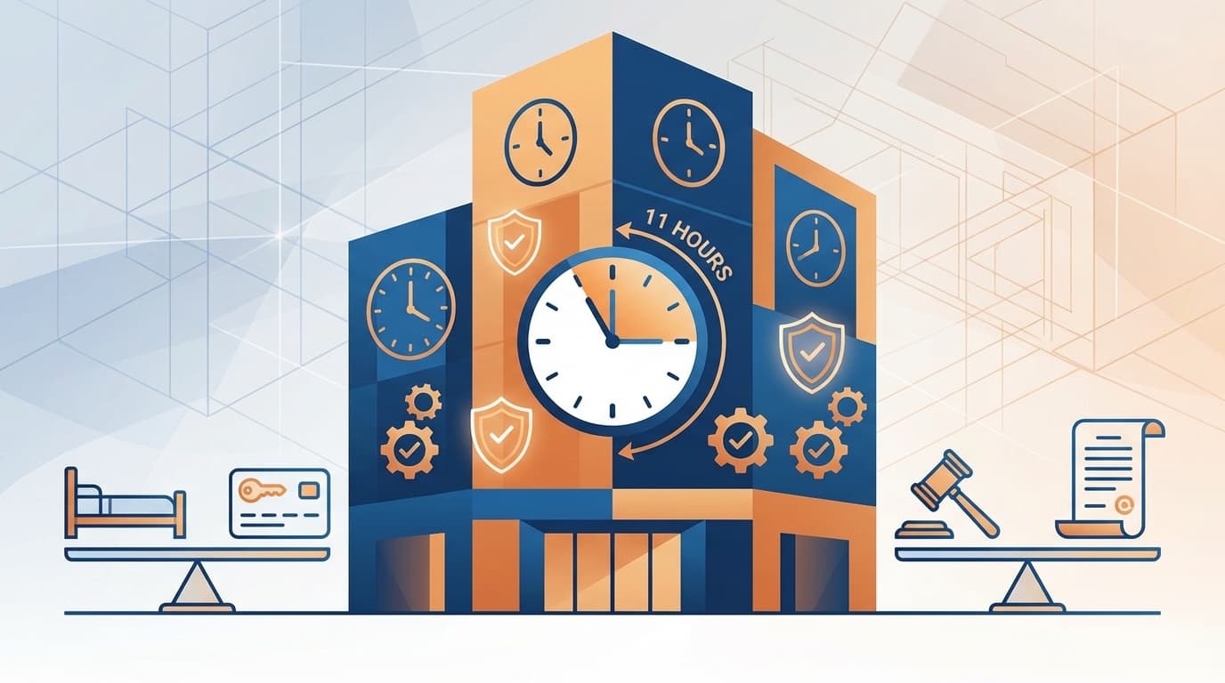 労働基準法改正による勤務間インターバル義務化と宿泊業のコンプライアンス対応を表す概念イラスト