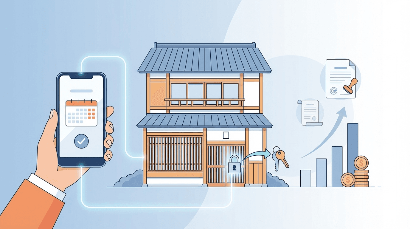 民泊の始め方を表す、日本の住宅とデジタル予約・鍵管理のイメージイラスト