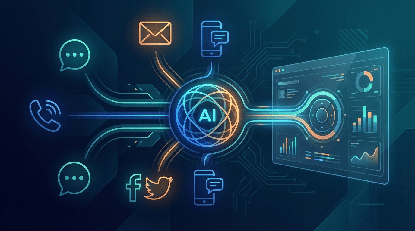 マルチチャネルAI統合基盤のイメージ:電話・チャット・OTA・SNSが1つのAIハブに集約される概念図