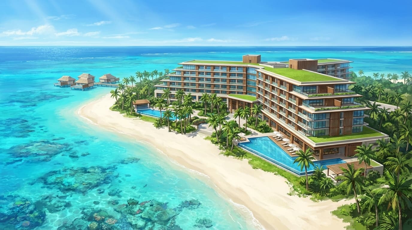 沖縄のターコイズブルーの海とリゾートホテルのイラスト