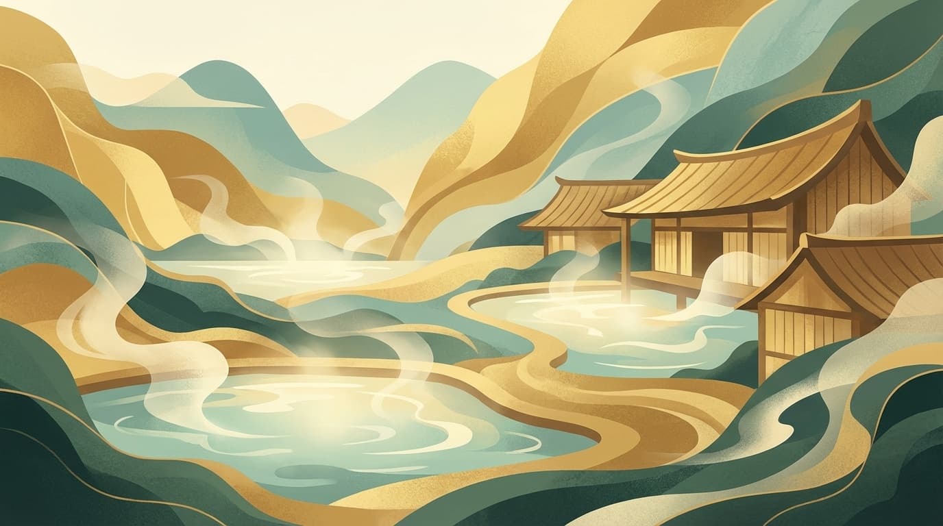 全国の人気温泉地ランキング30選を紹介する記事のサムネイル。山々に囲まれた温泉風景のイラスト