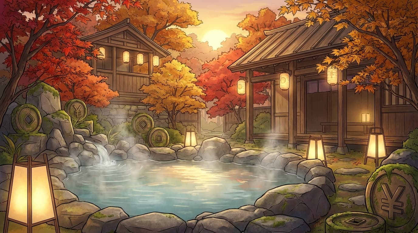 1万円以下で泊まれるおすすめ温泉宿のイメージ:湯けむり立つ露天風呂と紅葉