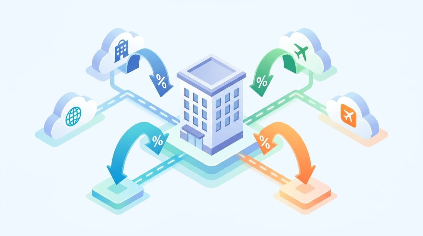 OTA手数料比較と削減戦略を表す概念イラスト