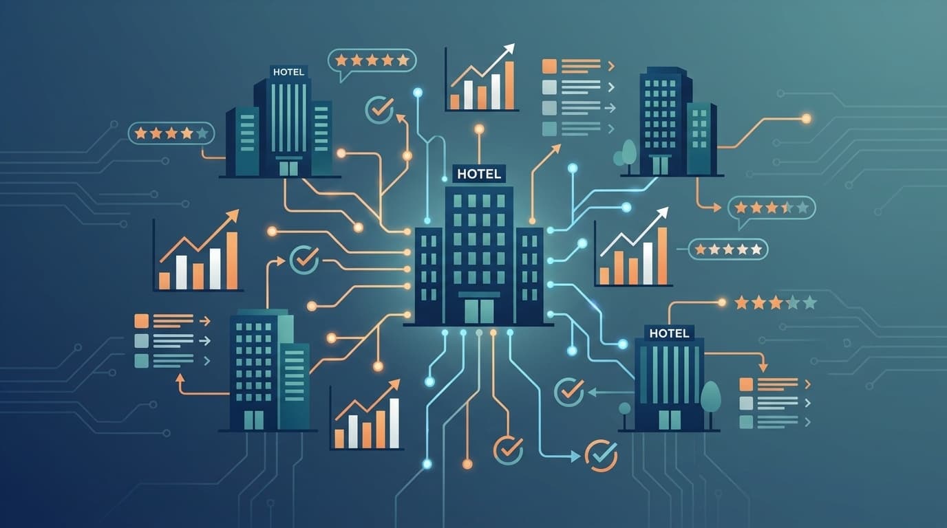 OTA集客最適化のイメージ:ホテルとデジタルネットワーク、予約数の上昇グラフ