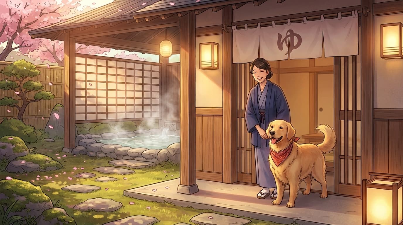 ペットと泊まれる温泉旅館のイメージ — 愛犬と日本の旅館を訪れる温かいイラスト